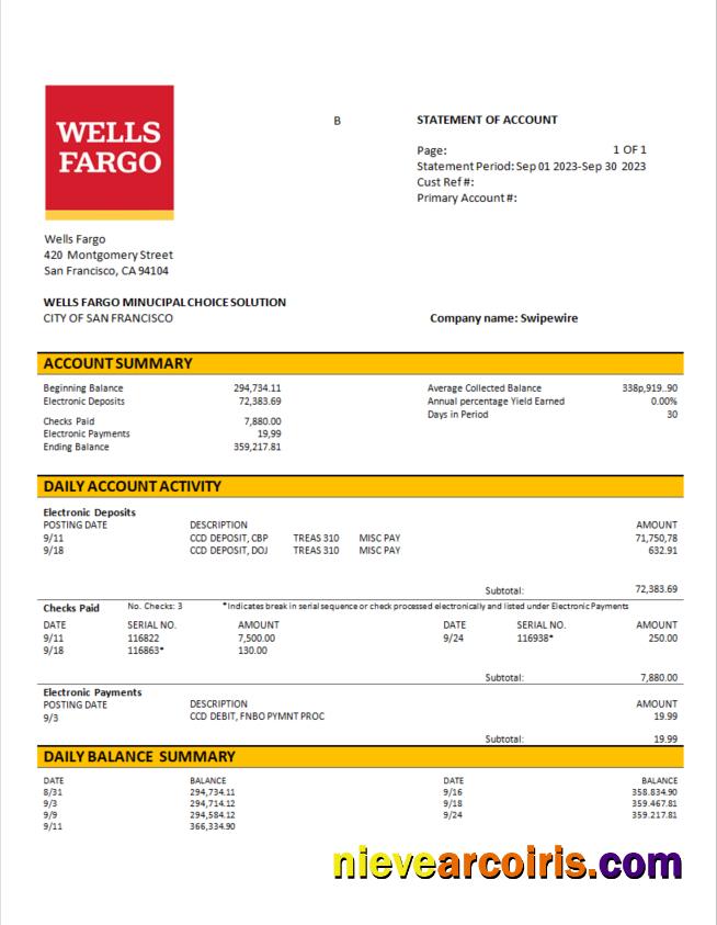 Professional Wells Fargo Business Account Statement Word And PDF Template