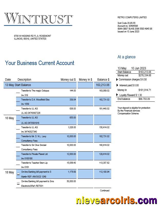 Editable Wintrust Financial Bank Enterprise Account Statement Word And PDF Template