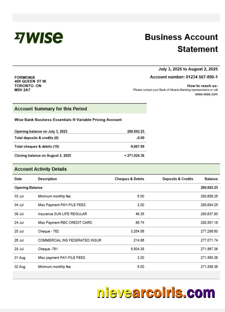 Editable Wise Company Checking Account Statement Word And PDF Template