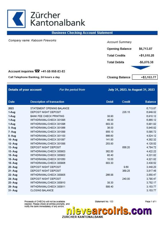 Realistic Zürcher Kantonalbank Business Statement Word And PDF Template