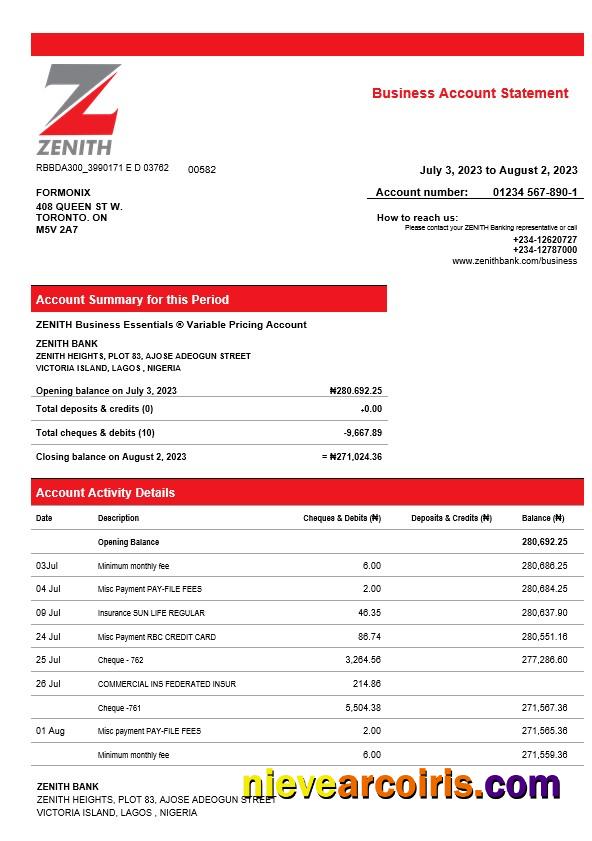 Professional Zenith Bank Business Checking Account Statement Word And PDF Template