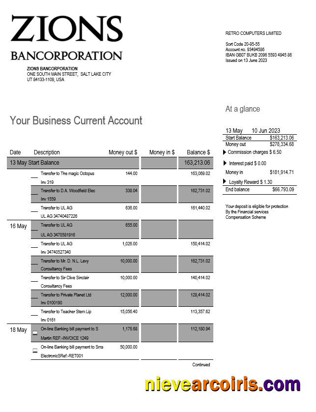 Professional Zions Bancorporation Bank Business Checking Account Statement Word And PDF Template