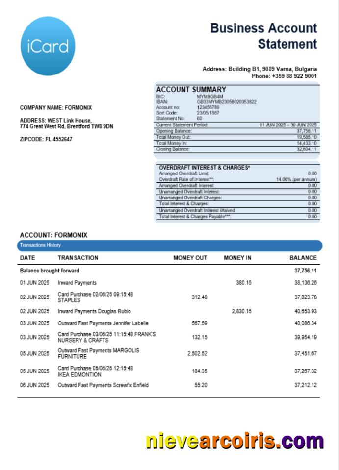 ICard Business Bank Statement Word And PDF Format Sample