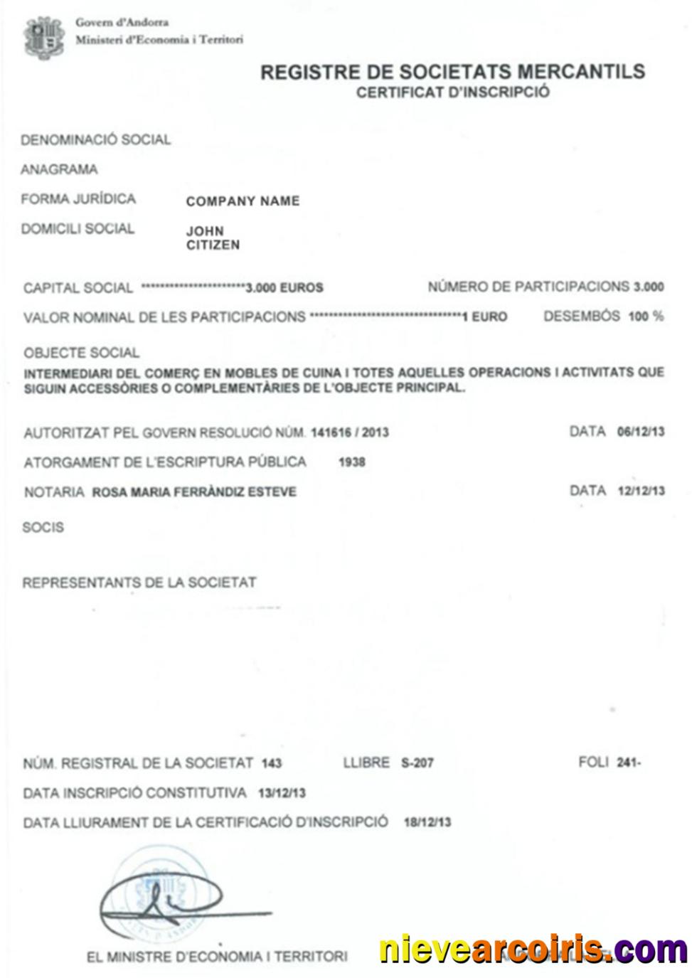 Andorra Business Registration Certificate Template
