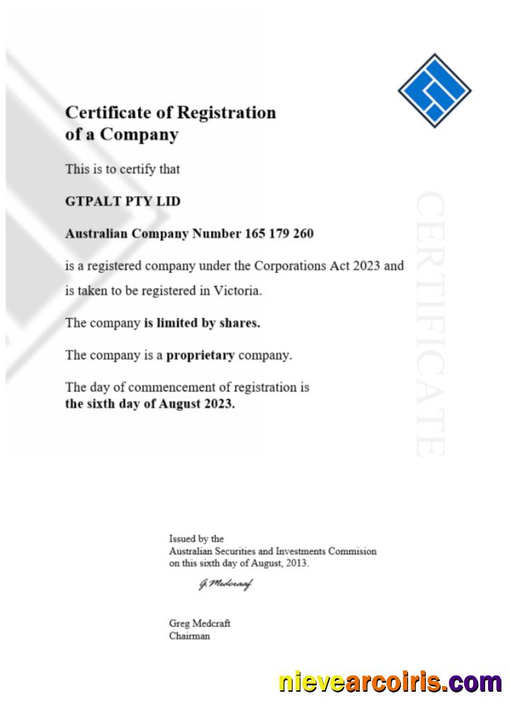 Realistic Australia GTPALT Certificate Of Company Registration Word And PDF Template