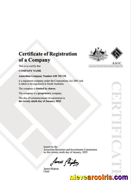 Professional Australia Certificate Of Company Registration Word And PDF Template, Version 2