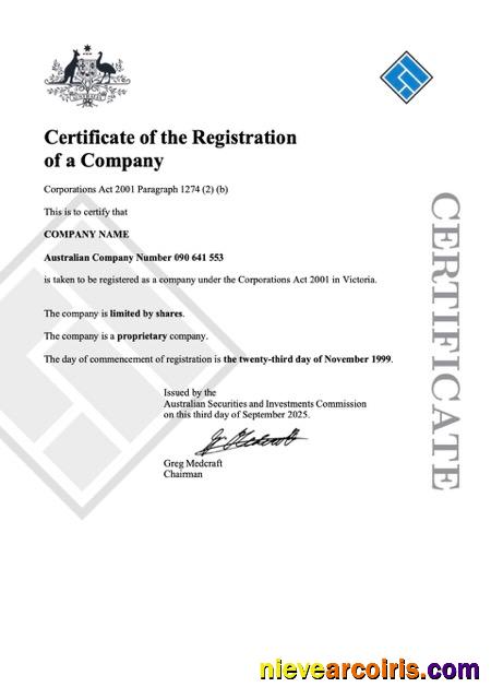 Premium Australia Certificate Of Company Registration Word And PDF Template