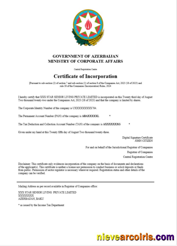 Realistic Azerbaijan Certificate Of Registration Word And PDF Template