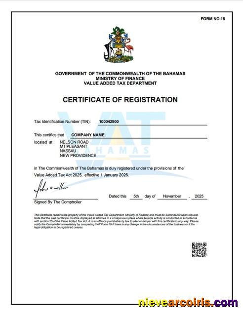 Editable Bahamas VAT Registration Certificate Word And PDF Template