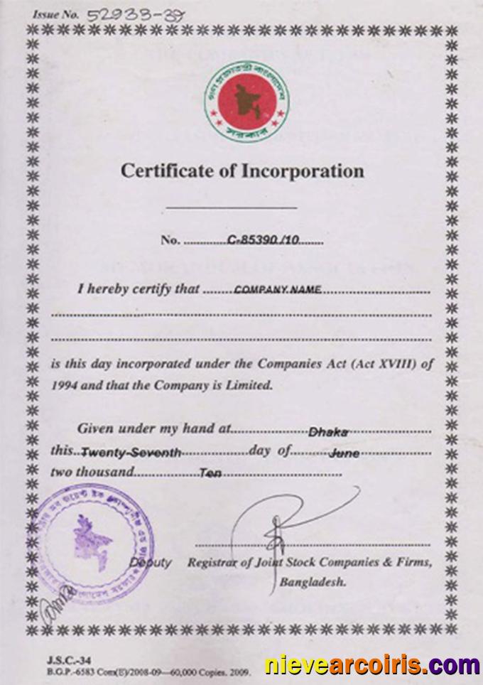 Bangladesh Certificate Of Incorporation Sample