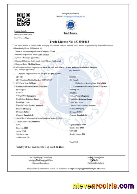 Editable Bangladesh Habiganj Trade License Word And PDF Template