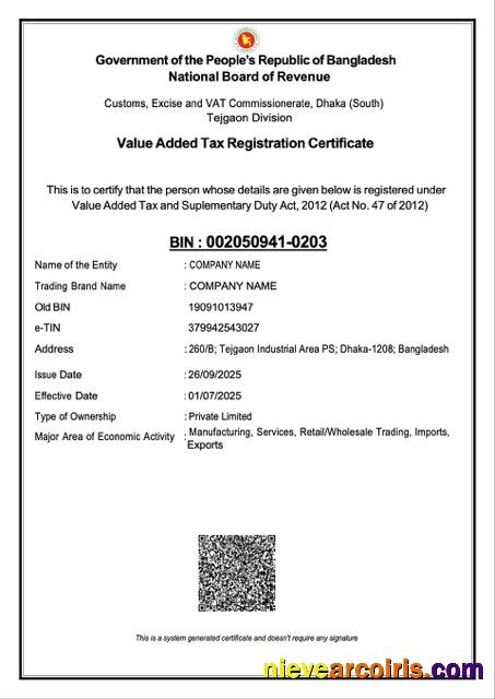 Realistic Bangladesh VAT Registration Certificate Word And PDF Template, Version 2