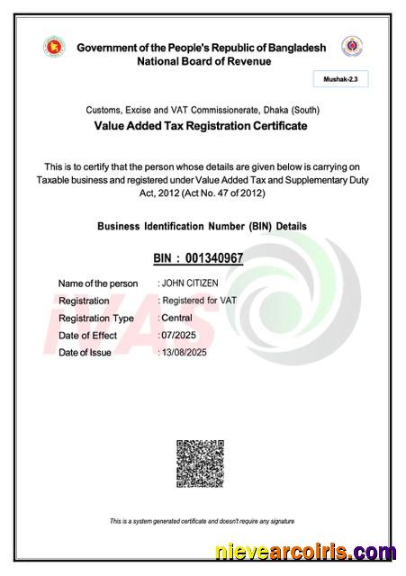Professional Bangladesh VAT Registration Certificate Word And PDF Template