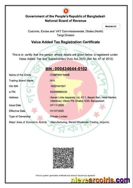 Editable Bangladesh Value Added Tax Registration Certificate Word And PDF Template