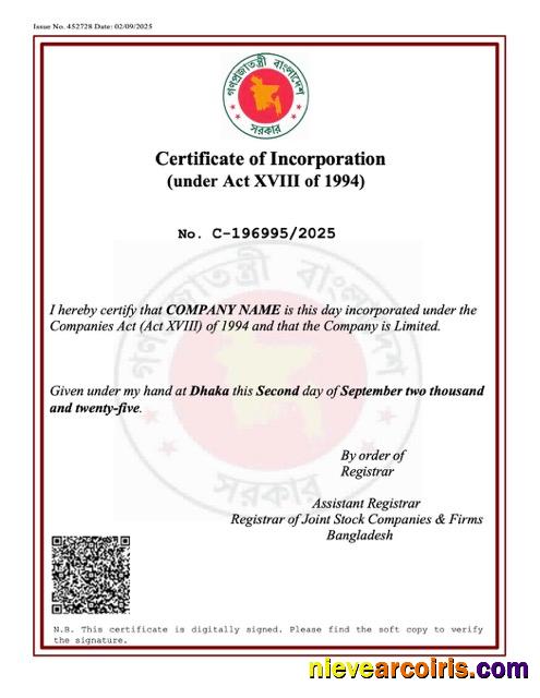Professional Bangladesh Certificate Of Incorporation Word And PDF Template