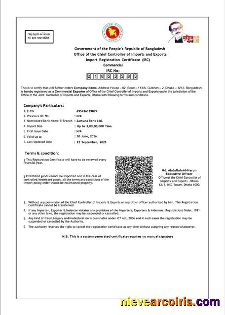 Editable Bangladesh Import Registration Certificate Word And PDF Template