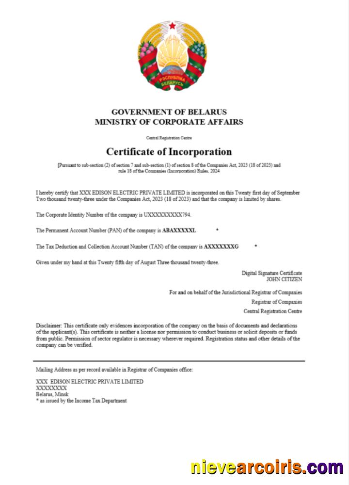 Editable Belarus Certificate Of Registration Word And PDF Template