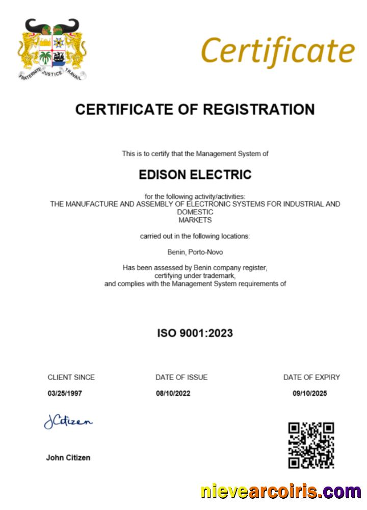 Realistic Benin Certificate Of Registration Word And PDF Template