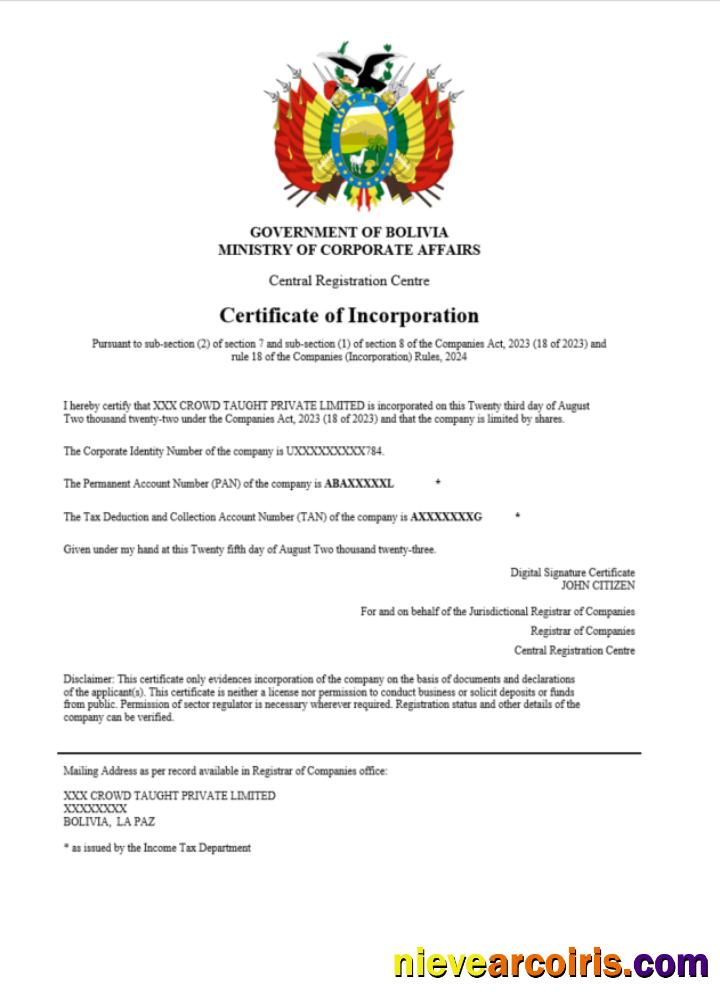 Premium Bolivia Certificate Of Registration Word And PDF Template