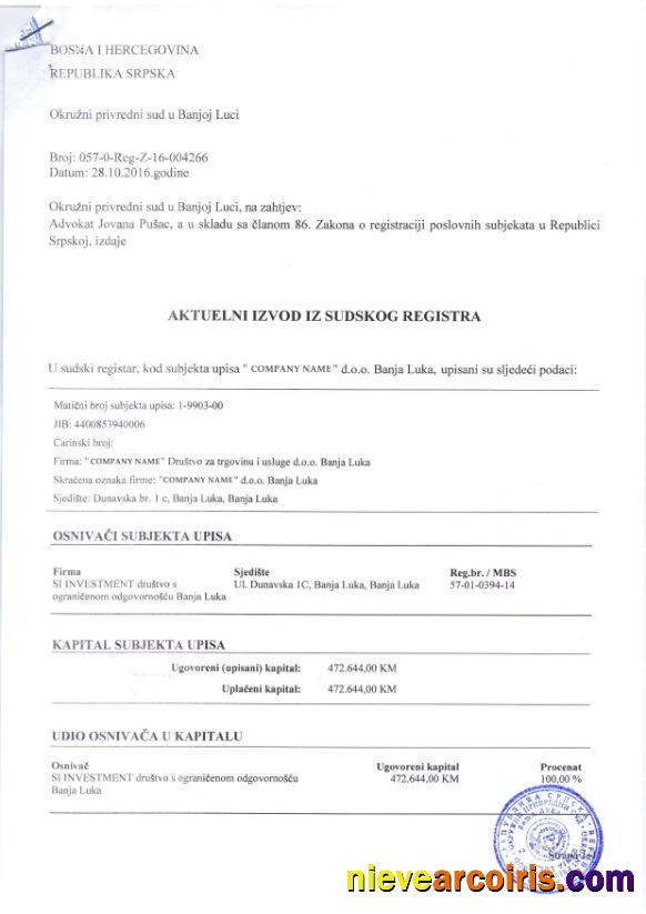 Bosnia And Hercegovina Certificate Of Registration Photolook