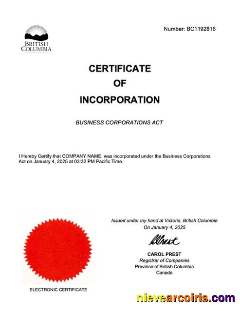 Editable British Columbia Certificate Of Incorporation Word And PDF Template, Version 2