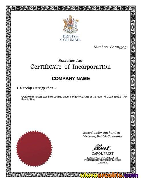 Premium British Columbia Certificate Of Incorporation Word And PDF Template