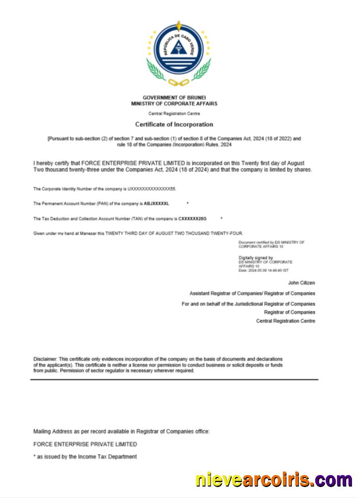 Premium Cabo Verde Certificate Of Registration Word And PDF Template
