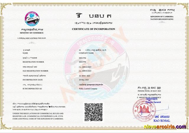 Premium Cambodia Certificate Of Incorporation Word And PDF Template
