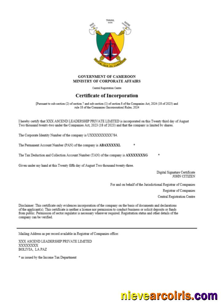 Professional Cameroon Certificate Of Registration Word And PDF Template