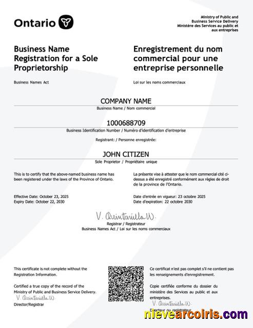 Realistic Canada Ontario Certificate Of Business Name Registration Word And PDF Template