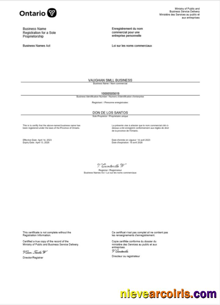 Premium Canada Ontario Certificate Of Business Registration Word And PDF Template
