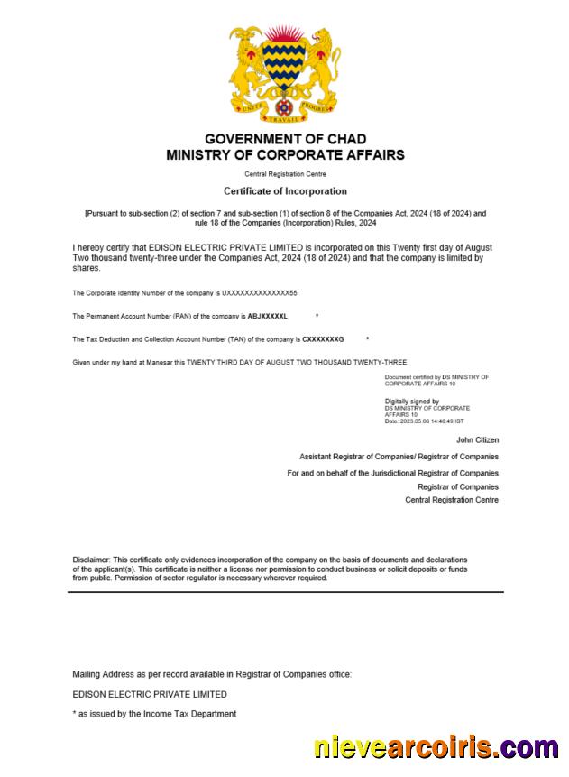 Realistic Chad Certificate Of Registration Word And PDF Template