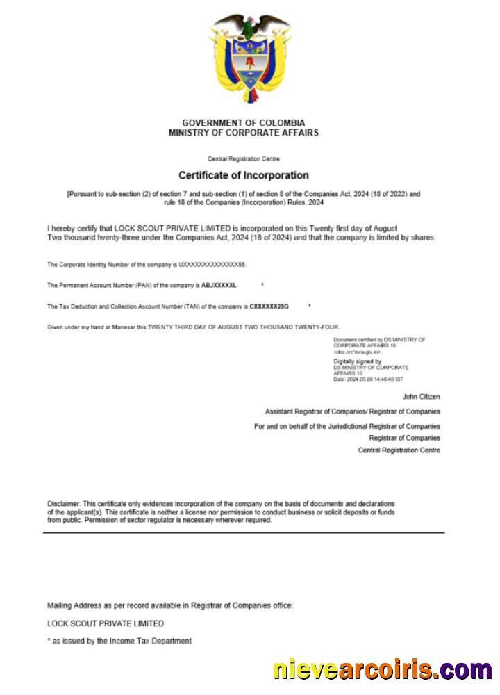 Realistic Colombia Certificate Of Registration Word And PDF Template