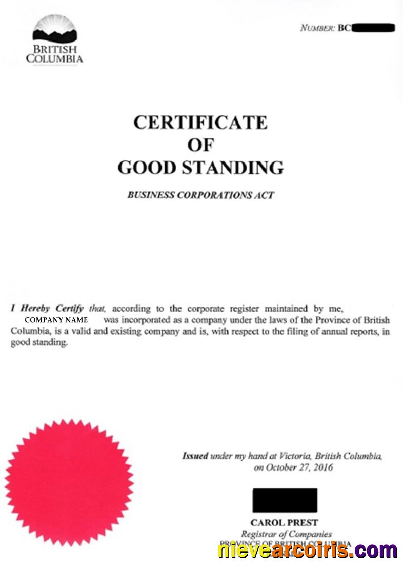 Columbia Certificate Of Good Standing Template
