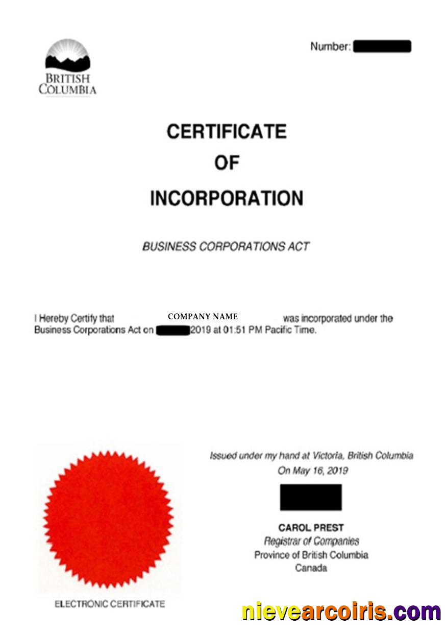 Columbia Certificate Of Incorporation Preview