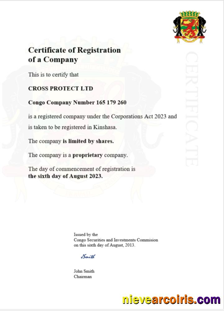 Professional Congo Certificate Of Registration Word And PDF Template