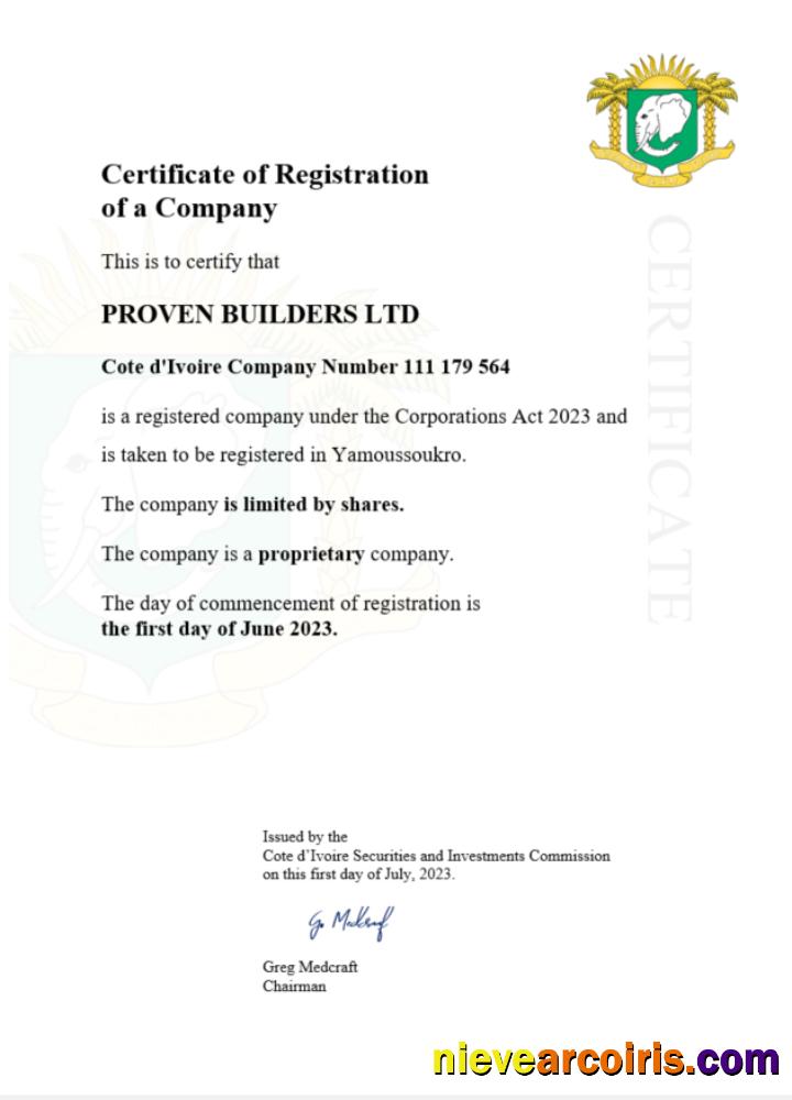 Realistic Cote D'Ivoire Certificate Of Registration Word And PDF Template