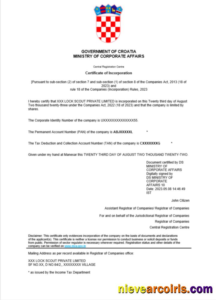 Premium Croatia Certificate Of Registration Word And PDF Template