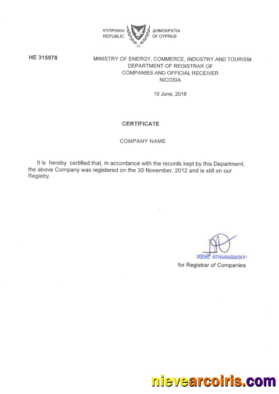 Cyprus Certificate Of Registration Preview