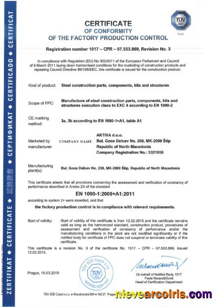 Czech Republic Certificate Of Conformity Of The Factory Production Control Preview
