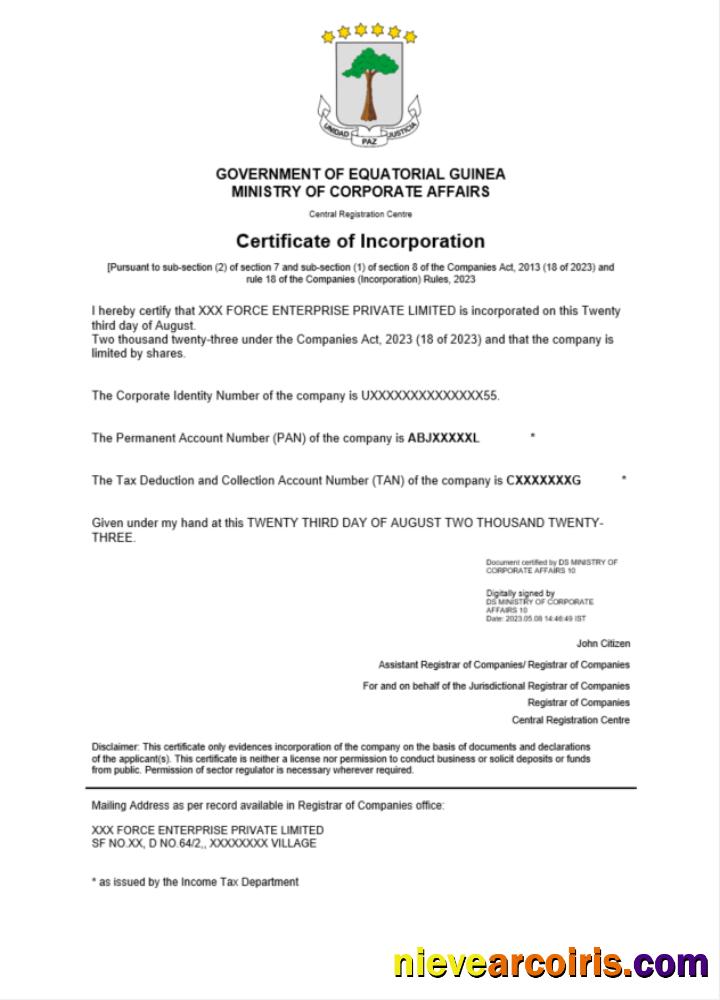 Premium Equatorial Guinea Certificate Of Registration Word And PDF Template