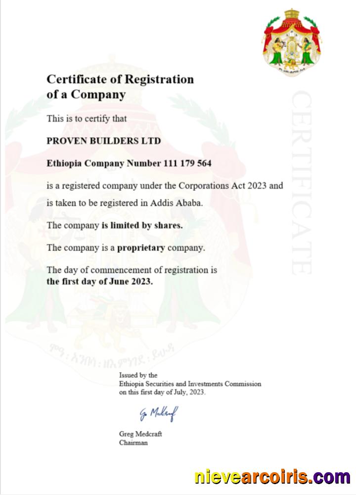Editable Ethiopia Certificate Of Registration Word And PDF Template