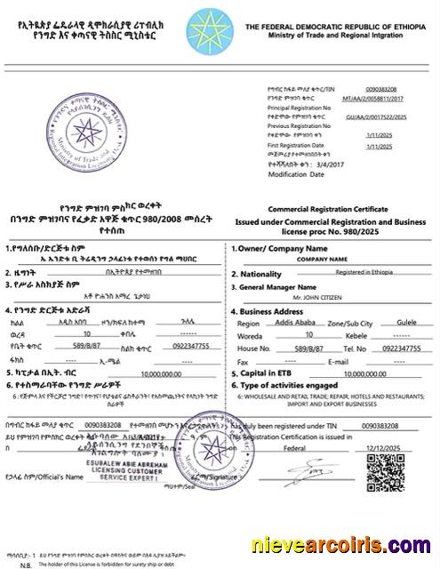 Premium Ethiopia Commercial Registration Certificate Word And PDF Template