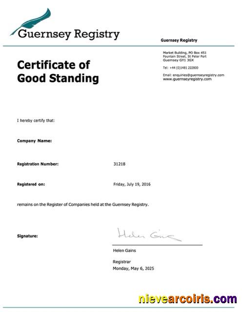 Professional Guernsey Certificate Of Good Standing Word And PDF Template