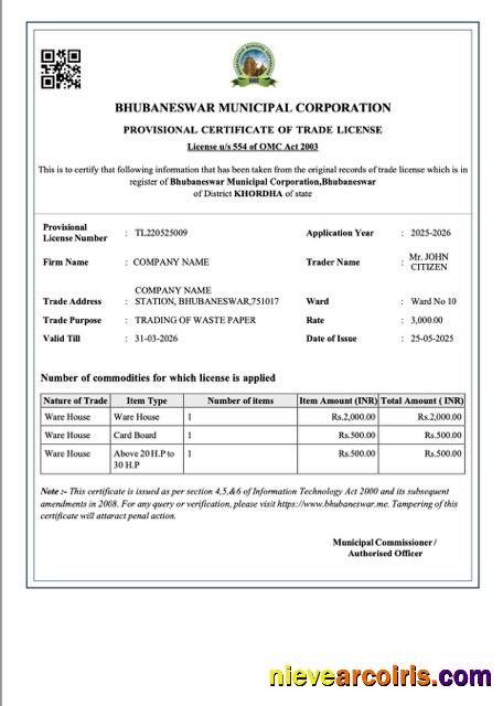 Editable India Bhubaneswar Provisional Certificate Of Trade License Word And PDF Template