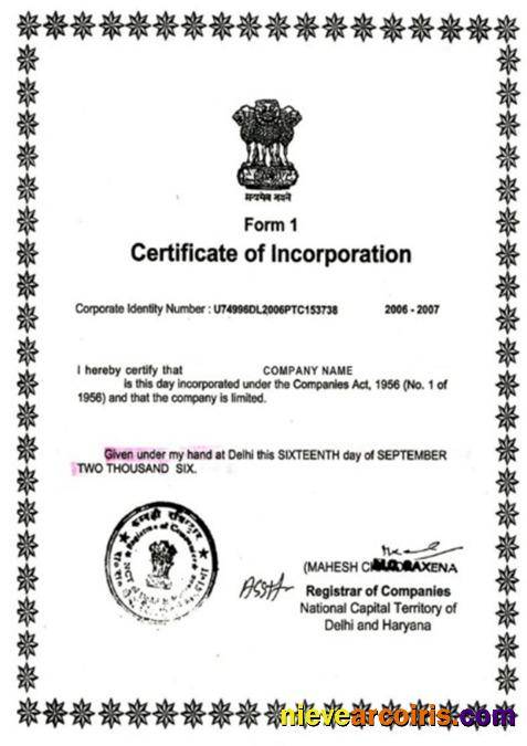 India Certificate Of Incorporation Preview
