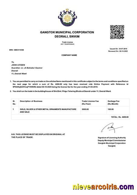Realistic India Gangtok Trade License Word And PDF Template