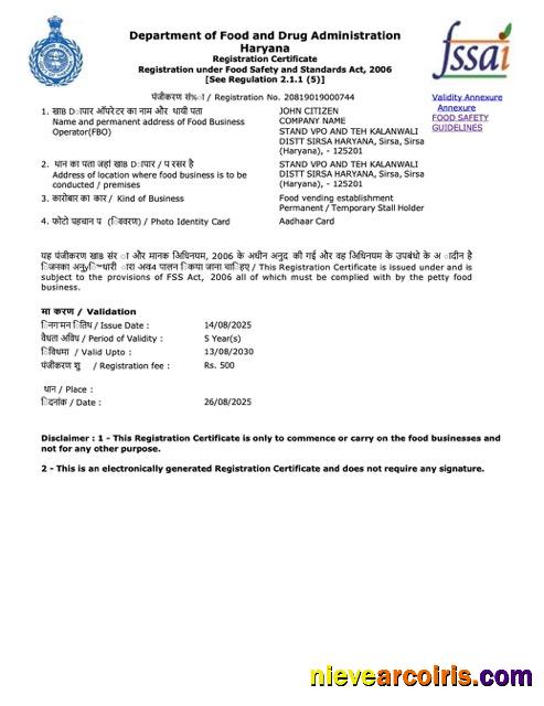Professional India Haryana Registration Certificate Word And PDF Template