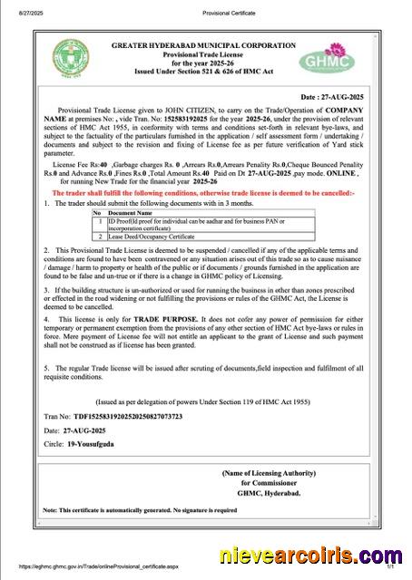 Premium India Hyderabad Provisional Trade License Word And PDF Template
