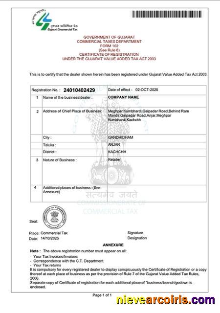 Premium India Kachchh VAT Registration Certificate Word And PDF Template